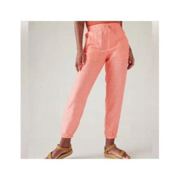 Athleta Retreat High Rise Elastic Waist Linen Jogger Pants Sunset Glow Pink 8 - Picture 1 of 12